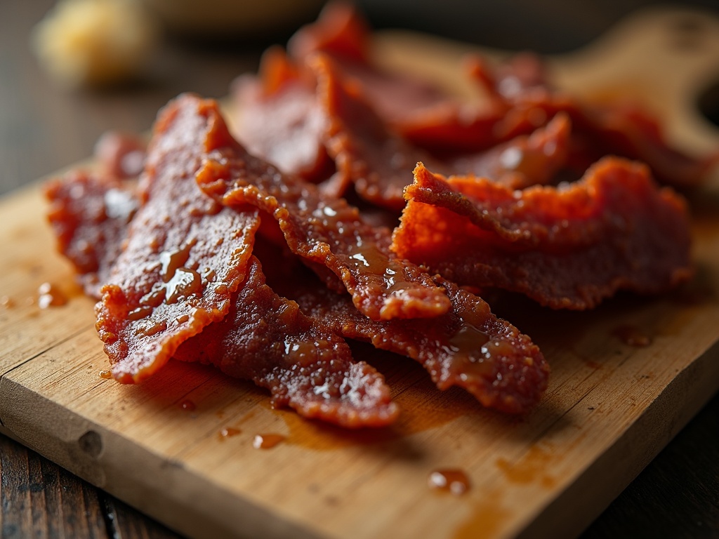 Homemade turkey jerky strips on a wooden cutting board